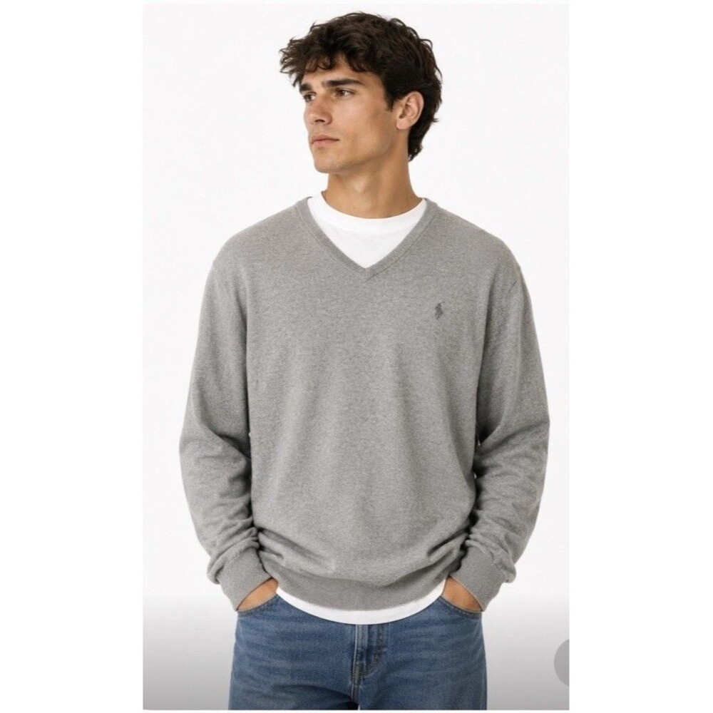 Polo Ralph Lauren Sweater Men's XXL Pima Cotton V Neck Knit Preppy Gray 2X Pony